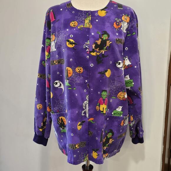 Purple Halloween Monsters Vintage Scrub Top Nurse Vet Tech Long Sleeve Button M - Picture 1 of 11